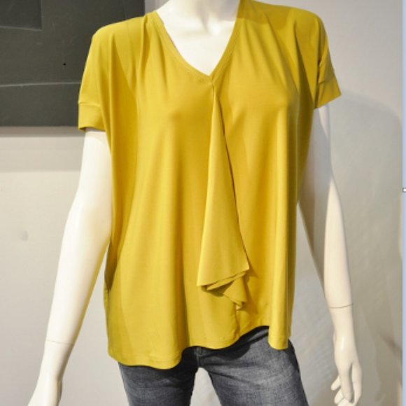 Ochre Waterfall Ruffle V Neck Short Sleeve Top - Picture 2 of 7